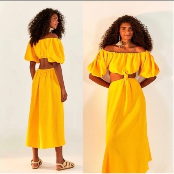 Farm Rio Yellow knotted puff sleeve dress Large - Picture 2 of 11